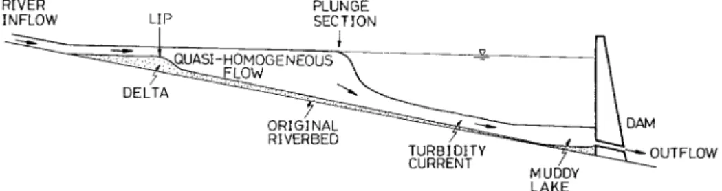 FIG. 1. Schematic Diagram for Flow Types of Sediment-Laden Water in Reservoir