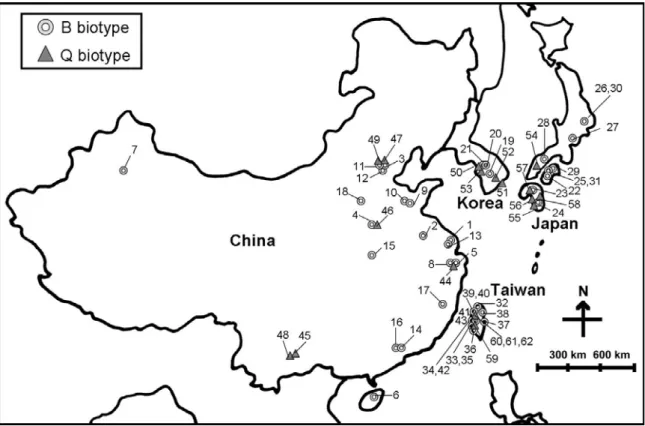 Fig. 1. Locations of samples of Bemisia tabaci biotypes B and Q in the Western North Pacific  region