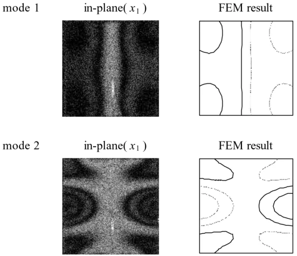 Fig. 5. Mode shapes of Specimen 1 obtained by AF-ESPI and the ﬁnite element method (Type B).