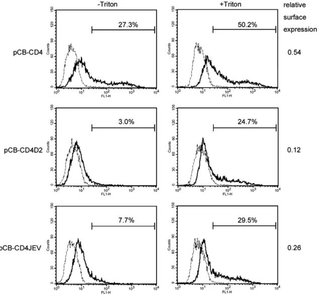 Fig. 7. Surface expression of CD4 and chimeric CD4 proteins containing the stem –anchor of DENV2 or of JEV by flow cytometry