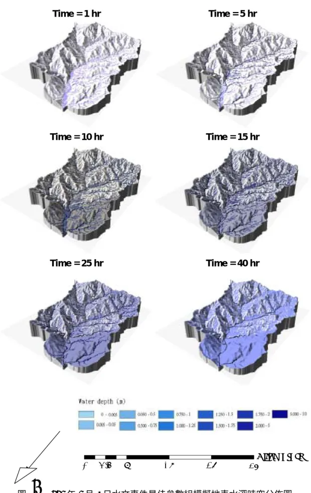 圖 16  1998 年 8 月 3 日水文事件最佳參數組模擬地表水深時空分佈圖Time = 1 hr Time = 5 hrTime = 10 hrTime = 15 hrTime = 25 hrTime = 40 hr04.59182736 KilometersN 