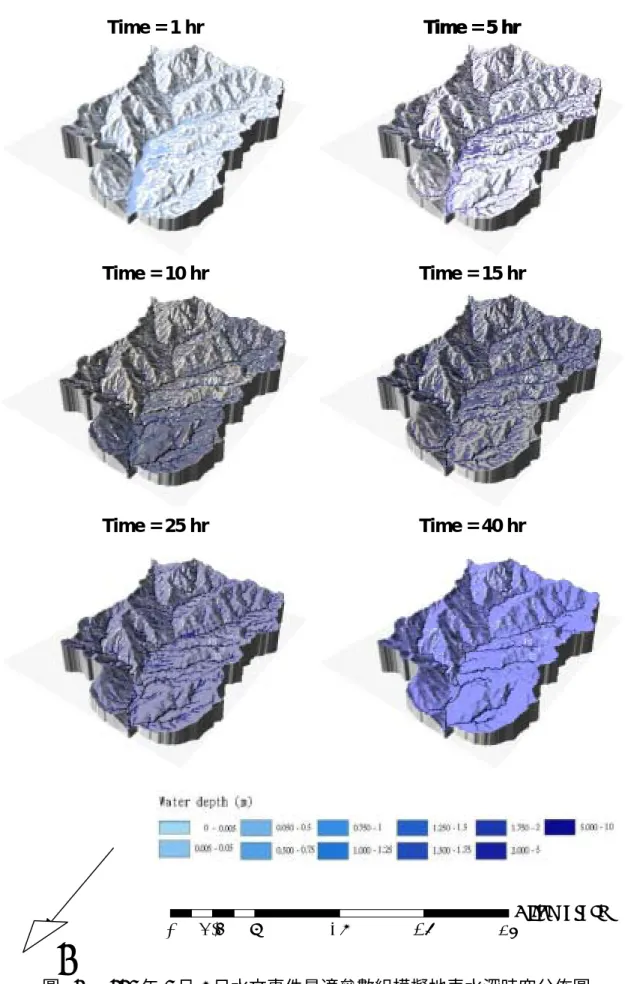 圖 17  1998 年 8 月 3 日水文事件最適參數組模擬地表水深時空分佈圖Time = 1 hr Time = 5 hrTime = 10 hrTime = 15 hrTime = 25 hrTime = 40 hr04.59182736 KilometersTime = 5 hrN 