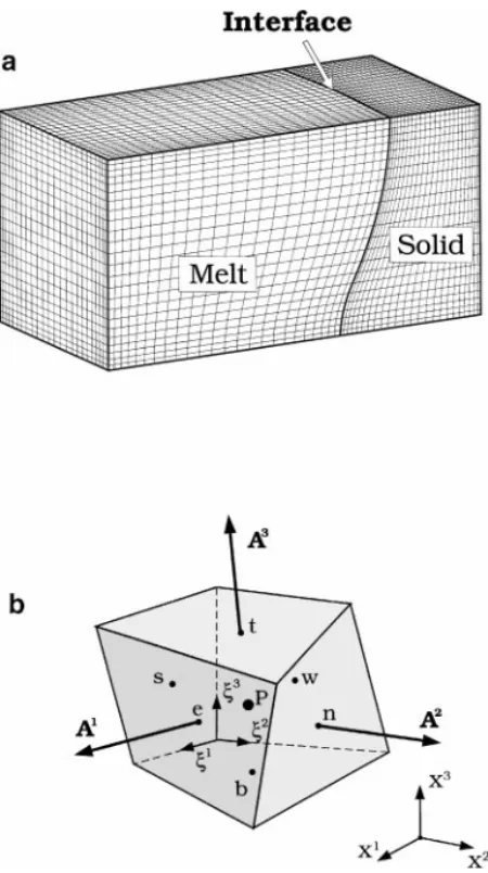 FIG. 2. (a) A sample mesh and (b) a 3D finite-volume and labeling scheme.