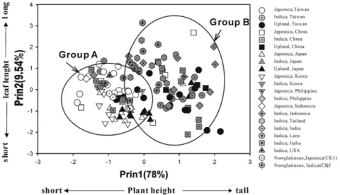 Fig. 3.   Plot of the first two principal components from the covariance matrix of the trait frequencies in  the 135 glutinous and 5 non-glutinous rice germplasm in the first cropping season of 2000