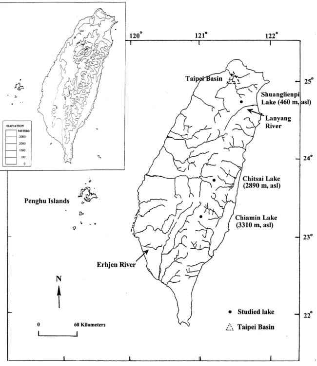 Fig. 1. Location of study sites in Taiwan, topographic data of the island shown in the upper map.