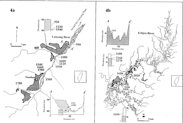 Fig. 4. Distribution of terraces (shaded area) of the studied area (a) the Lanyang River (northern Taiwan) and that of (b) the Erhjen River (southern Taiwan) with their available dates