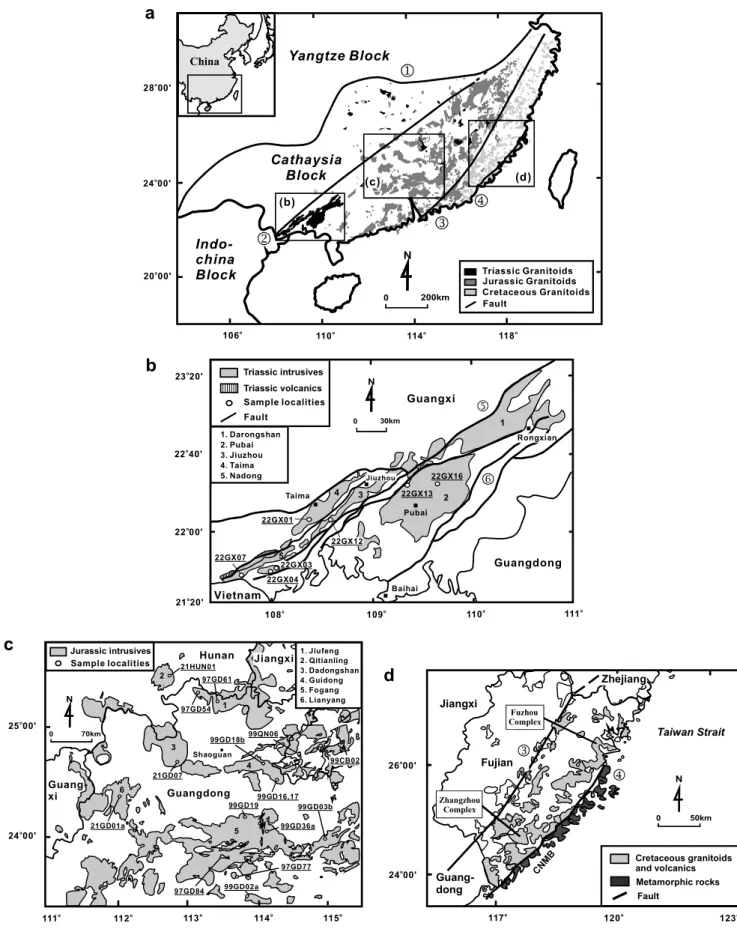 Fig. 1. (a) Simpliﬁed geological map of the Mesozoic granitoids in S. China, with sample localities of (b) Indosinian (Triassic) Darongshan (DRS) granitic suites (modiﬁed after Deng et al., 2004), (c) Early Yanshanian (Jurassic) Nanling Mountains (NLM) bat