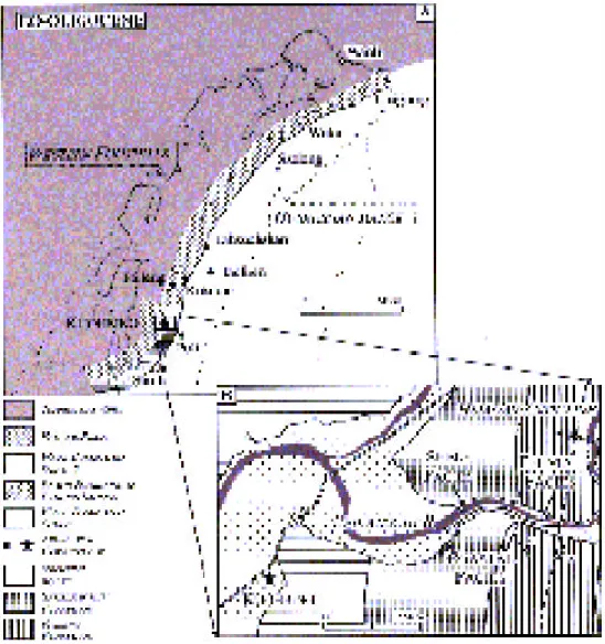 Figure 1. Schematic Eo-Oligocene paleoshoreline in Taiwan (A) (compiled from Tan and Youh, 1978; Sun, 1982; Wu, 1986; Huang and Huang, 1987; Chou, 1988; Teng et al., 1988; Teng et al., 1991; Liu, 1992 Ke, 1992 ; Tai et al., 19 94)