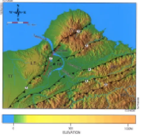 Figure 1. Geomorphic features of the Taipei Basin and its vicinity. Color shading image of Digital Terrain Model