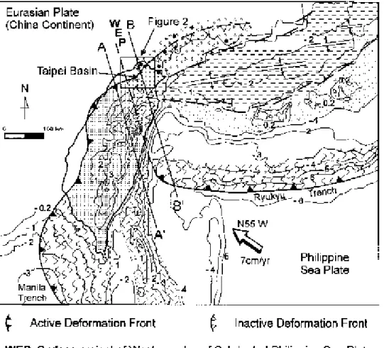 Figure 5. Tectonic framework. WEP separates the Taiwan area into the Luzon Arc system in the southwest and the Ryukyu Arc system in the northeast