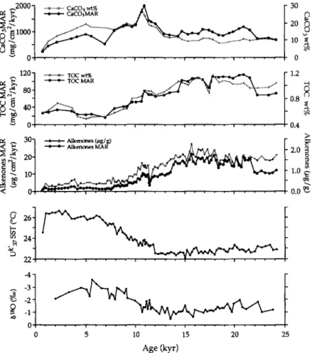 Fig.  4.  Paleoceanographic  proxies  of  the  South  China  Sea  SO50-31  KL  during  the  last  25  kyr:  CaCO,  (wt%  and  MAR  -  Mass  Accumulation  Rate),  TOC  (wt%  and  MAR),  alkenones  (abundance  and  MAR)