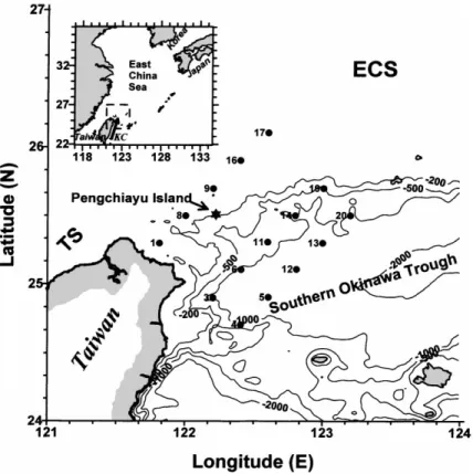 Fig. 1. Sampling locations. Inset is the regional map. The seawater collection is made along three trans- trans-ects: the southern East China Sea (ECS) shelf and slope and the Southern Okinawa Trough
