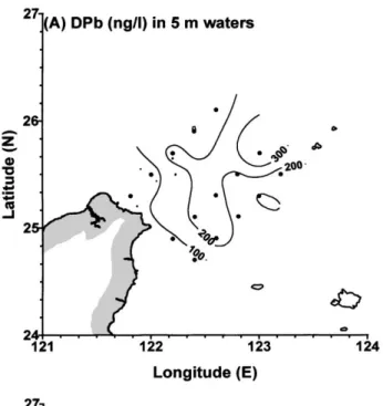 Fig. 3. Spatial distributions of dissolved Pb (DPb) in both (A) 5 m and (B) 30±50 m water layers in the southern East China Sea.