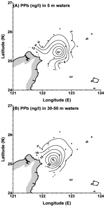 Fig. 4. Spatial distribution of particulate Pb (PPb) in both (A) 5 m and (B) 30±50 m water layers in the southern East China Sea.