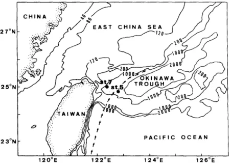 Fig.  1.  Map  (after Chern  et  al.,  1990) showing sampling sites.  Bathymetric contours  are  in  meters