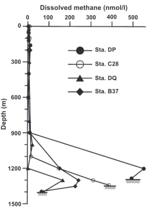 Fig. 6. Dissolved CH 4 in the water column near a submarine vol- vol-canic analogue that has been persistently emanating hydrothermal fluids (from Chen, 1994).