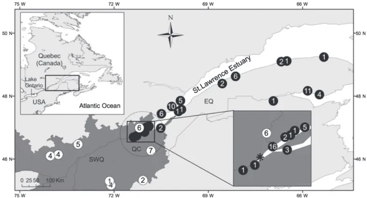 Fig. 1. Capture locations of the 116 rainbow trout (Oncorhynchus mykiss) analysed for otolith microchemistry (the eight ﬁsh from the Lac- Lac-des-E´corces hatchery are not presented)