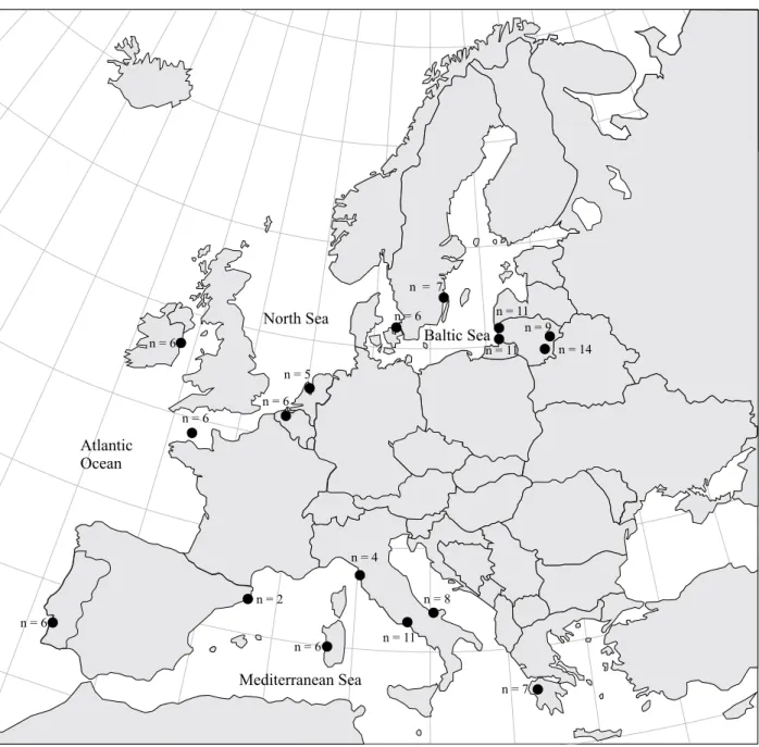 Figure 1. Sampling locations of European eel during this research (small dots) and two earlier investigations (large dots): 