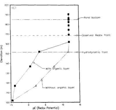 Fig.  9. A.  Simulated boron profile for case  1 (without an organic layer) and case 2 (with an organic layer) in  the  groundwater  system  at pond  2  after four  years