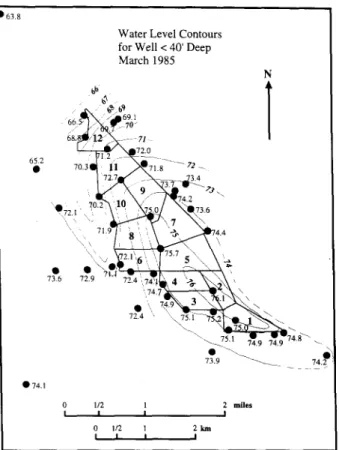 Fig. 4. Water-table elevation (measure in feet above the mean sea-level;  1 ft =  0.3048  m) around  Kesterson  reservoir during late winter  1985