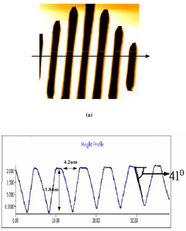 Fig. 17    The AFM picture of several V-grooves : (a) the original pattern, and (b) the profile of  the AA’ direction