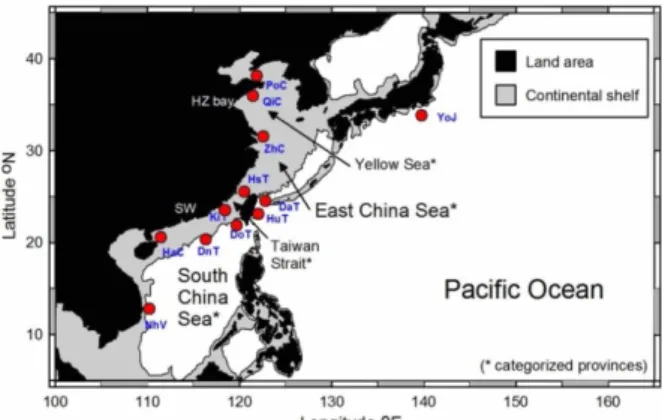 Fig. 1. Sampling localities of hairtail populations in the western  North Pacific. Labels of localities are formulized from the first  two letters of sampling site (Da, Dashi; Do, Dongan; Dn, Donsa  Island; Ha, Haikou; Hs, Hsinchu; Hu, Hualien; Ki, Kinmen;