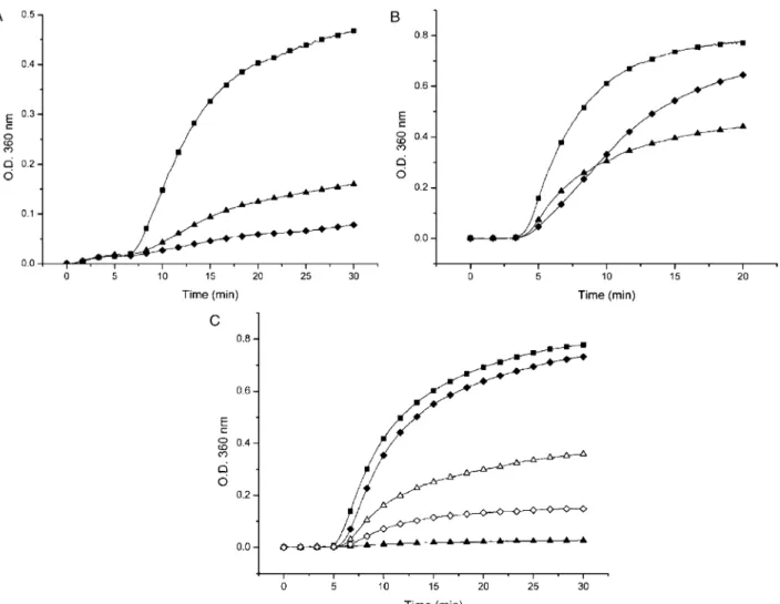 Fig. 10. Comparison of chaperone-like activity between FaB and PaB. (A) ADH aggregation at 508C with a molar ratio of 2:1 (ADH/aB-crystallin), (B), ADH alone; (O), ADH plus FaB; (V), ADH plus PaB