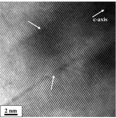 Fig. 6. A TEM image showing the ZnO structure of sample A. Two threading dislocations separated by about 8 nm can be seen.