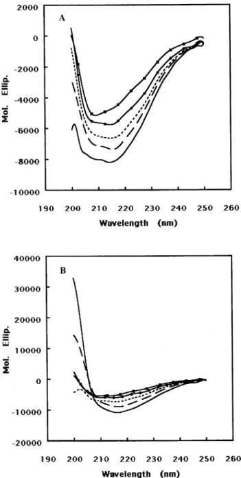 Fig. 5. The CD spectralchanges of recombinant wild-type aB and T1 truncated mutant by heating at diﬀerent temperatures