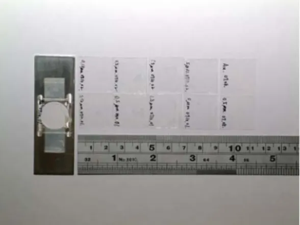圖 2-8：蓋玻片與裁切過的塑膠薄膜。 圖 2-9：樣品放置片以及數枚樣品。 三、  結果與討論  3.1 三維定位校正  首先進行三維定位校正，以換算 QPD 訊號輸出與樣品橫向位移之間的 關係，並確認系統的三度空間解析率。校正實驗使用 5 μm 的小球為樣品， 將小球溶液滴上玻片，於乾燥後置於樣品平移台上進行量測。將小球的空 間位置調整至下方物鏡(40X, NA = 0.85)的聚焦點，讓穿透散射訊號投射到 QPD 的正中心，然後微調上方物鏡(40X, NA = 0.65)，使得上下兩枚物鏡同 時聚焦在