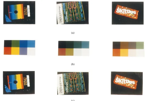 Fig. 5. Results of the DSQ approach to extract the color feature sets: (a) original images, (b) corresponding color feature sets, and (c) corresponding quantized images by using the characteristic colors to form the color palette.