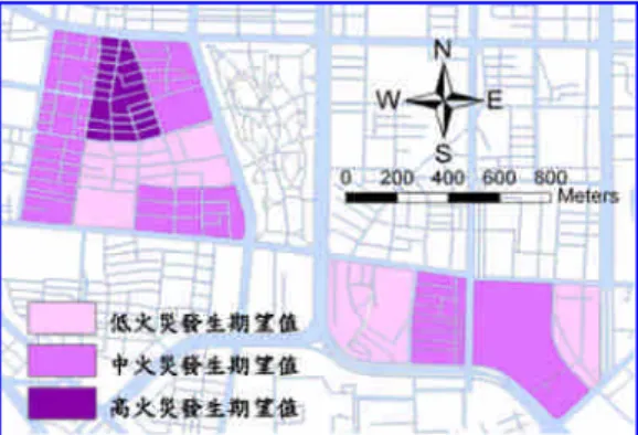 圖 3 研究地區火災發生機率程度分區圖 3.3 火災損失推估 根據公式 3，利用民國 91、92 年台北市 815 筆建物火災案件之財物損失資料及各受災戶所 對應之房屋現值資料，建立中位數火災損失函 數如式 4。經檢核，以不分區間方式看所有火 災資料點與中位數損失曲線之關係，得知曲 線上下之點各占 49.4%和 50.6%，如圖 5 所 示，誤差僅在十分微小的 0.6%之內，顯示本 研究建立之中位數火災損失推估模式應具有 良好的解釋預測能力。套用於本研究區 21004 筆建物資料計算後，求得本研究區內各戶在
