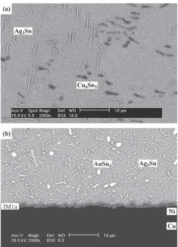 Fig. 3. Microstructure of the Sn3Ag0.5Cu0.06Ni0.01Ge solder balls before reflowing (a) and after reflowing (b) on Au/Ni/Cu pads of BGA packages.