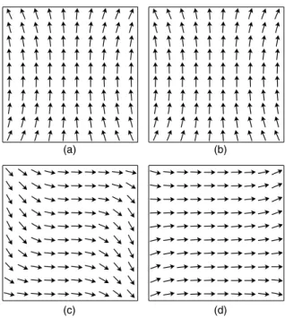 Fig. 4. Magnetic domain patterns for Ni ﬁlms simulated based on the relaxed (a) and constrained (b) approaches