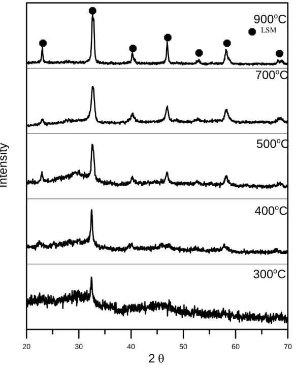 Fig. 5 X-ray diffraction pattern of 1 M LSM powder with (P)AA/LSM=2, which was calcined at 300℃~900 o C for 6 h.