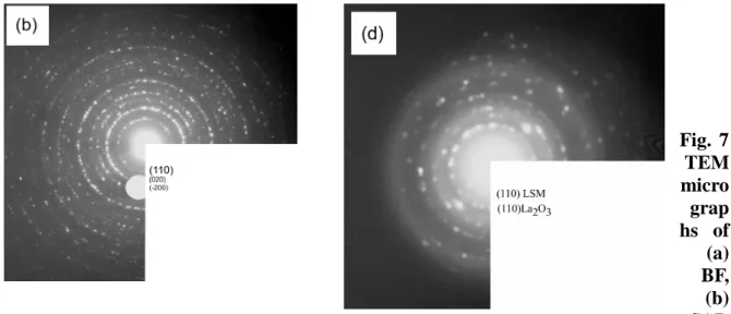 Fig. 7 TEM micro grap hs of (a) BF, (b) SAD P of 1 M LSM powders synthesized by adding (P)AA/LSM=2, which was calcined at 500