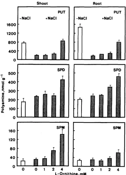 Fig.  4.  Effect  of  L-omithine  on  polyamine  levels  in  rice  seedlings  treated  with  NaCl