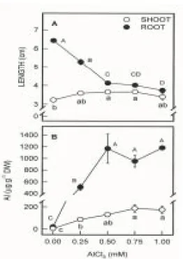 Fig. 1. Effect of AlCl 3 on the growth of roots and shoot and the level of Al in roots and shoot of rice seedlings
