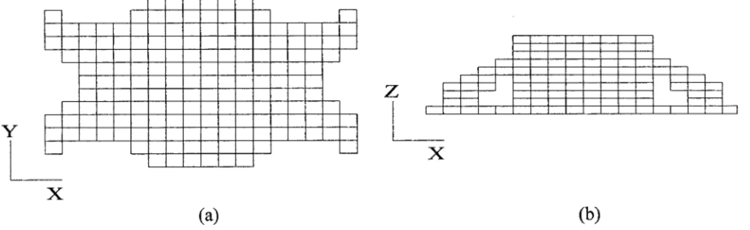 Fig. 11. Pile cap design example by RESO method: 共a兲 topology from RESO 共top view兲; 共b兲 topology from RESO 共side view兲