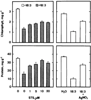 Fig.  6.  Effect of  STS  and  silver  nitrate  on  linolenic  acid-promoted  senescence  of detached  rice  leaves
