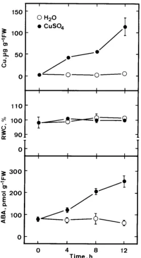 Fig. 4. Time course of the CuSO 4 effect on Cu content, relative water content (RWC), and ABA content in detached rice leaves