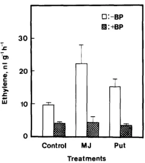 Fig.  5. Effect  of  BP,  HQ  and  PA  on  in  vivo  ACC  oxidase  activity  in  detached  shoot  of  rice  seedlings  germinated  in  darkness