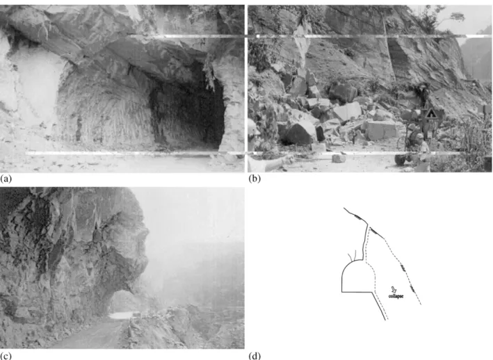 Fig. 6. Damage pattern ᎏ slope failure induced tunnel collapse. a photo of Chi-Shue Tunnel before Chi-Chi Earthquake; b photo f Chi-Shue