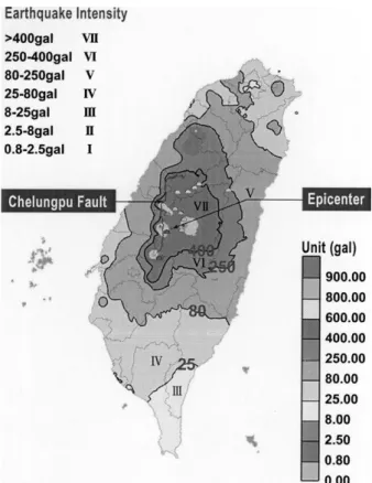 Fig. 1. Intensity of Chi-Chi Earthquake felt at different locations in