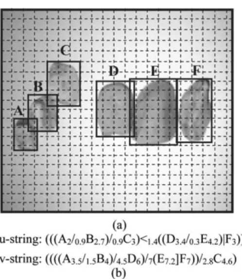 Fig. 2. The 2D Z-string representation for the partly overlap- overlap-ping objects: (a) the objects are approximated by the MBRs and (b) the corresponding 2D Z-string.