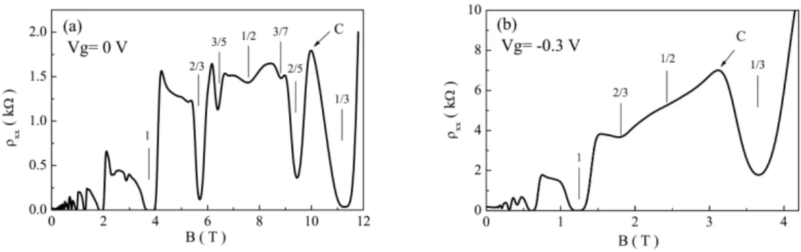 FIG. 1: ρ xx as a function of the magnetic field for different gate voltages at T = 300 mK