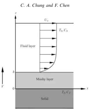 Figure 1. A schematic of the physical system considered. A shear flow is imposed on a binary solution which is directionally solidifying from below