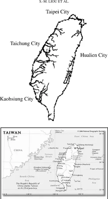 Figure 1. Geographical location of 21 main rivers around Taiwan, to which regular monitoring stations are distributed.