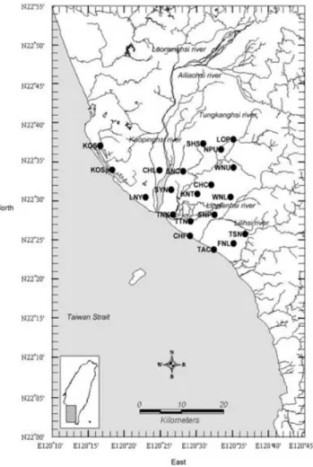 Fig. 1. Map of locations of groundwater well, seawater gauging station, and atmospheric pressure station in the Pingtung, Taiwan