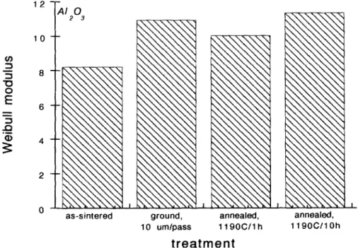 Fig.  10.  The  Weibull  modulus  of  the  A1203  specimens  after  grinding  and  after  annealing